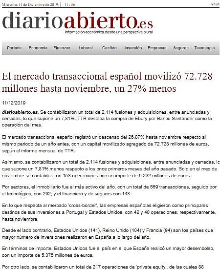 El mercado transaccional espaol moviliz 72.728 millones hasta noviembre, un 27% menos